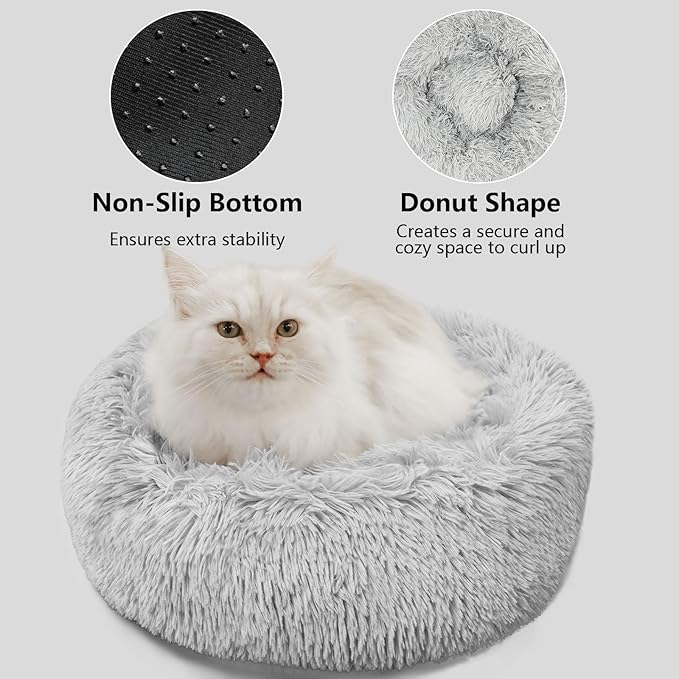 Dog Beds for Small Dogs Round Cat Beds for Indoor Cats Pet Bed for Puppy and Kitten with Slip-Resistant Bottom Plush Donut Cat Bed, Light Grey (38cm)