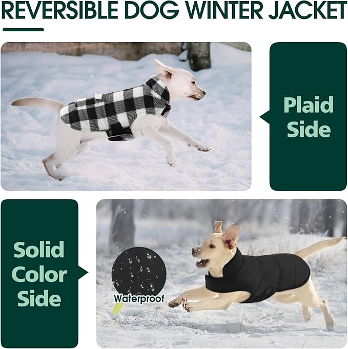 Kuoser Dog Winter Coat, Windproof Dog Fleece Jacket British Style Plaid Cold Weather Doggie Vest Coats, Reversible Cozy Warm Pet Clothes Apparel for Medium Dogs M