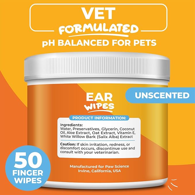 Dog & Cat Ear Cleaner Wipes – Pet Finger Wipes for Cats & Dogs – Cleaning, Soothing, & Deodorizing Itchy Ears – Ear Relief Solution Wash (Unscented)