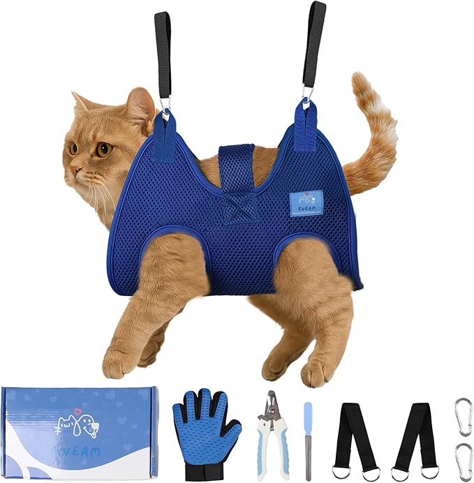 Pet Grooming Hammock for Cats & Small Dogs – Nail Clipping Kit with Sling, Clippers, File, Glove, Straps & Carabiners – Ideal for Trimming & Ear Cleaning – [S/XS] (Blue, Small)