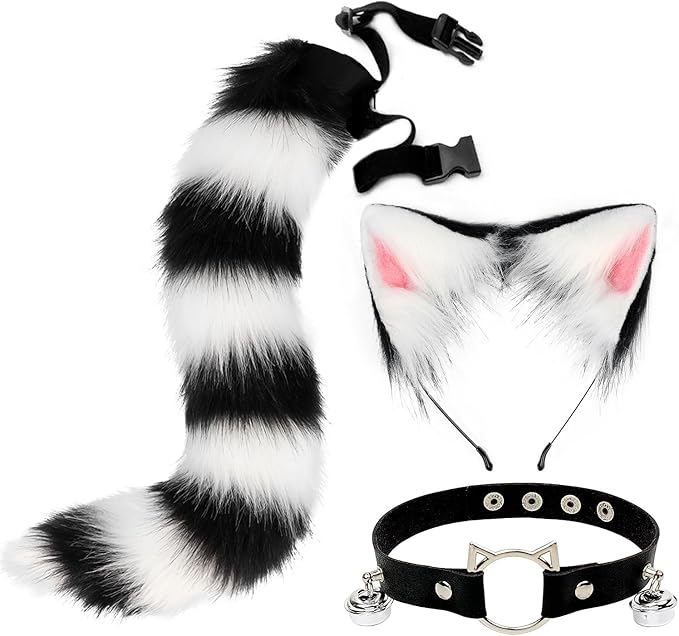 Cat Ears and Wolf Fox Animal Tail Cosplay Costume Faux Fur Hair Clip Headdress Halloween Leather Neck Chocker Set