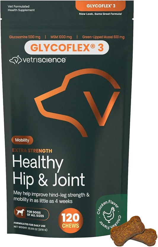 VetriScience Extra Strength Healthy Hip & Joint Chews, GlycoFlex 3, Glucosamine, Green-Lipped Mussel, Joint Support Supplement for Dogs, Promote Mobility & Soothe Joint Discomfort, Chicken, 120 Count
