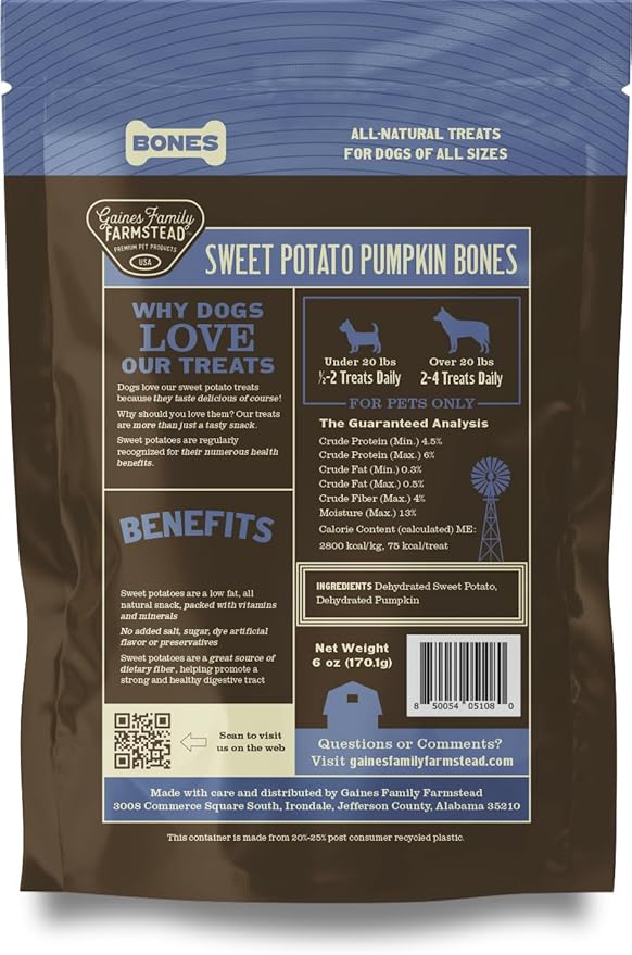 Gaines Family Farmstead Pumpkin & Sweet Potato Dog Bones – 6 oz Bag, Natural, Grain-Free Dog Treats for Digestive Health & Immunity – High-Fiber, Vitamin-Rich Chews, Made in USA