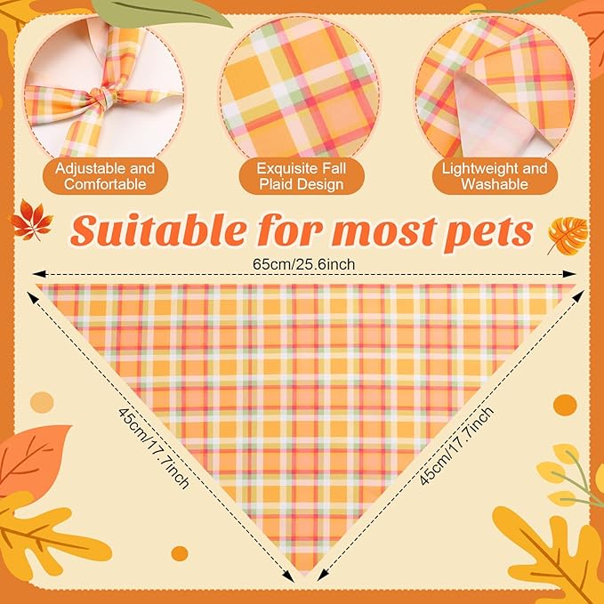 100 Pieces Thanksgiving Fall Dog Bandanas Bulk Plaid Bandanas for Dogs Autumn Soft Triangle Kerchief Bibs Adjustable Triangle Doggie for Small Medium Large Pets Party Costume