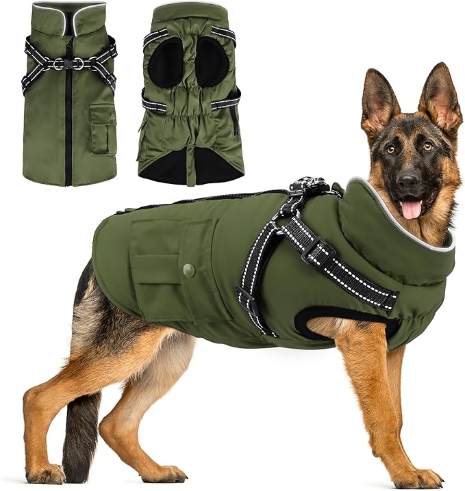 Dog Winter Coat with Harness Built-in | Waterproof Dog Jacket with Zipper & Fleece Lining | Reflective Cold Weather Coat for Small Medium Large Dogs