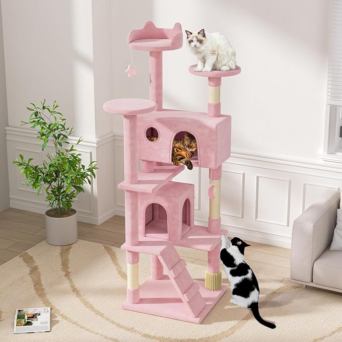 Magshion Cat Tree 77" Cats Tower for Indoor Cats, Multi-Level Cat Condo with Scratching Post, Top Perch, Sisal Board and Dangling Ball, Cat Stand Jumping Platform Kittens Pet Play House (Pink)