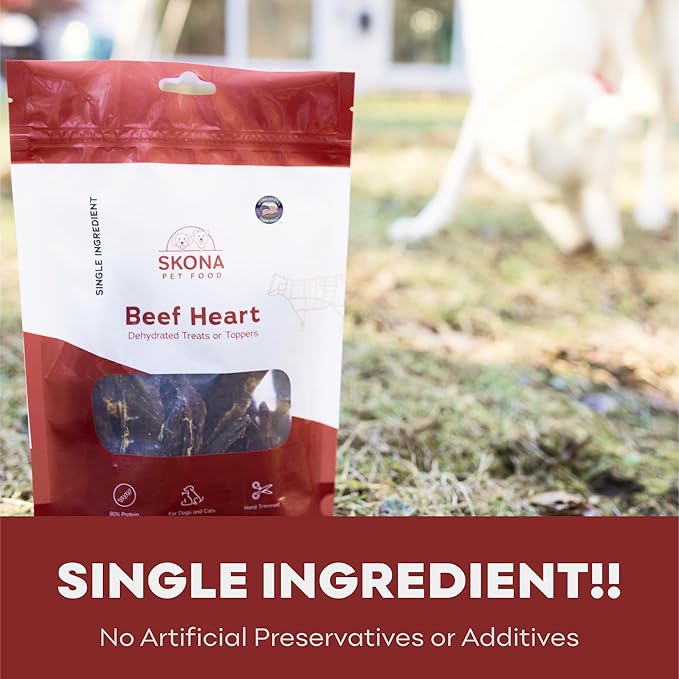 Skona PetFood Beef Heart Jerky Dog & Cat Treats, Single-Ingredient, High Protein Training Snacks, Natural, Grain-Free, USA Made, Rich in Taurine, Supports Digestion & Dental Health, 4oz