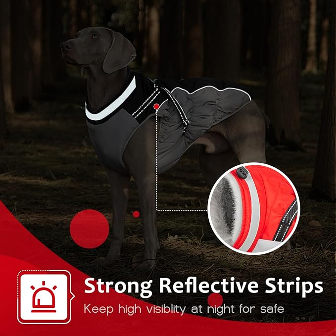 Dog Winter Coat with Harness, Dog Jacket, Pet Clothes with Zipper on Back, Waterproof Windproof Warm Vest, Reflective Cold Weather Coats, for Small Medium Large Dogs, Thick, Red, 2XL