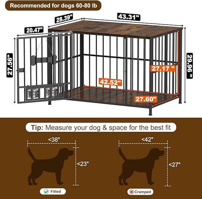 Easycom 43" Dog Crate Furniture Foldable, No Assembly Decorative Dog Kennel Indoor, XL Dog Crates for Large Dogs (60-80 lbs), Wooden Dog Cage with Adjustable Bowls and Name Tag, Rustic Brown
