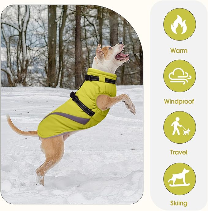 BRKURLEG Dog Winter Jackets for Large Dogs, Dog Coat with Harness Built in, Dogs Snowsuits with Zipper, Waterproof Windproof Pet Puffer Jacket Fleece Vest for Labrador, German Shepherd, Green XXXL