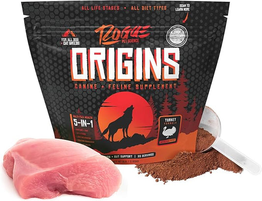 ROGUE PET SCIENCE Origins 5-in-1 Dog Supplement - Powdered Food Topper w/Natural Turkey Protein- Supports Healthy Digestion, Skin, and Coat - Helps Reduce Itching & Joint Inflammation (2LB)