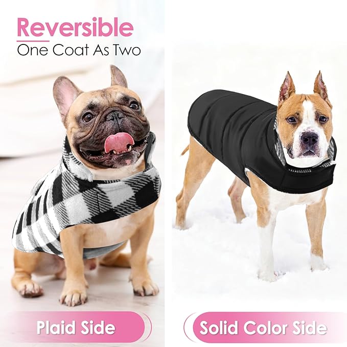 AOFITEE Dog Coat Plaid Dog Winter Coat for Small Dogs, Warm Dogs Jacket Christmas Sweater, Waterproof Pet Puffer Jacket, Reversible Pet Cold Weather Coats for Small Medium Large Pets, Black L