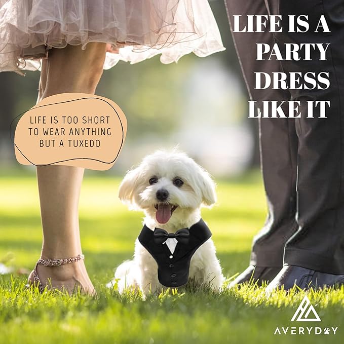 AVERYDAY Dog Tuxedo for Wedding Outfit, Dog Suit and Tie Costumes for Birthday, Halloween, Cosplay, Christmas Party, Pet Formal Wear with Bowtie, Tux for Small Dogs, Chihuahua, Bichon, Maltese, Cats