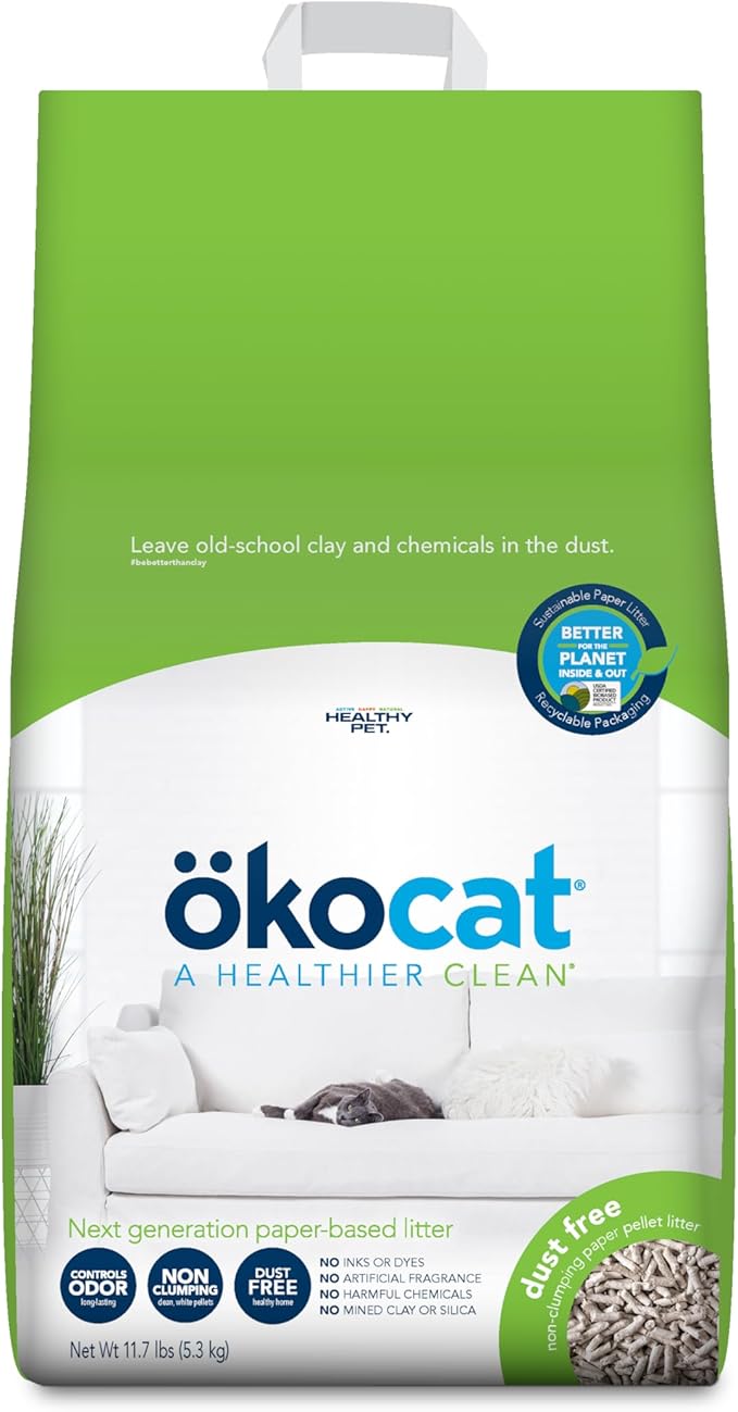 ökocat Dust Free Non-Clumping Paper Pellet Cat Litter, Unscented, 11.7 pounds - Natural Ingredients, Controls Odor, Dust Free, Great for Homes with Allergies, Postsurgical Needs