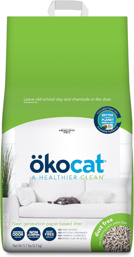 ökocat Dust Free Non-Clumping Paper Pellet Cat Litter, Unscented, 11.7 pounds - Natural Ingredients, Controls Odor, Dust Free, Great for Homes with Allergies, Postsurgical Needs
