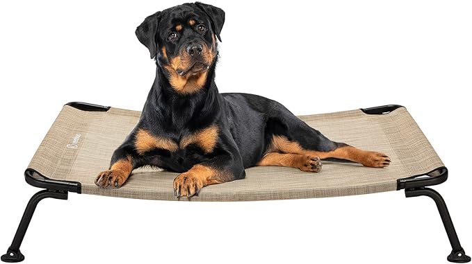 Veehoo Outdoor Elevated Dog Bed, Cooling Raised Dog Cot Bed XL, Portable Waterproof Curved Dogs Hammock Beds for Outside, up to 150lbs, Black Legs, Beige 49"
