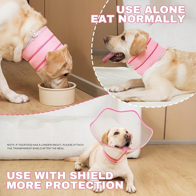 Soft Dog Cone Collar After Surgery,2-in-1 Adjustable Sponge Recovery Collar to Stop Licking Biting Wounds, Pet Elizabethan Dog Cone Alternative with Shield, L