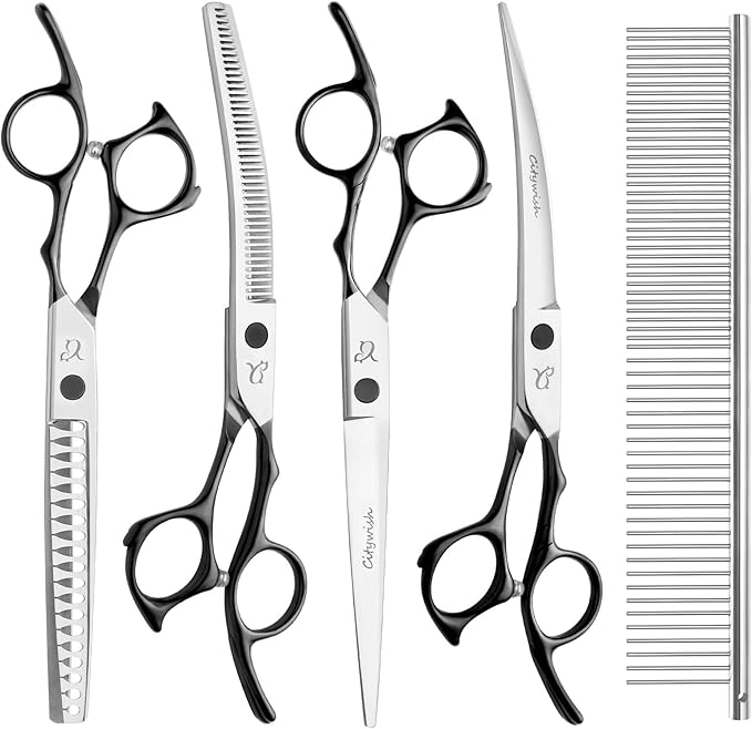 Dog Grooming Scissors,Curved Thinning Scissers and Chunker Shears for Dog Grooming with Safety Round Tips, Sharp and Comfortable 5 in 1 Deg Scissors for Grooming