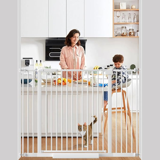 Extra Wide Baby Gate 30.11-77.36",Ultra Narrow 1.37" Spacing Dog Gate indoor,Double Lock Auto Close Pet Gate for House,Pressure Mounted Baby Gate Easy Walk Through Pet Gate for Hallway(White)