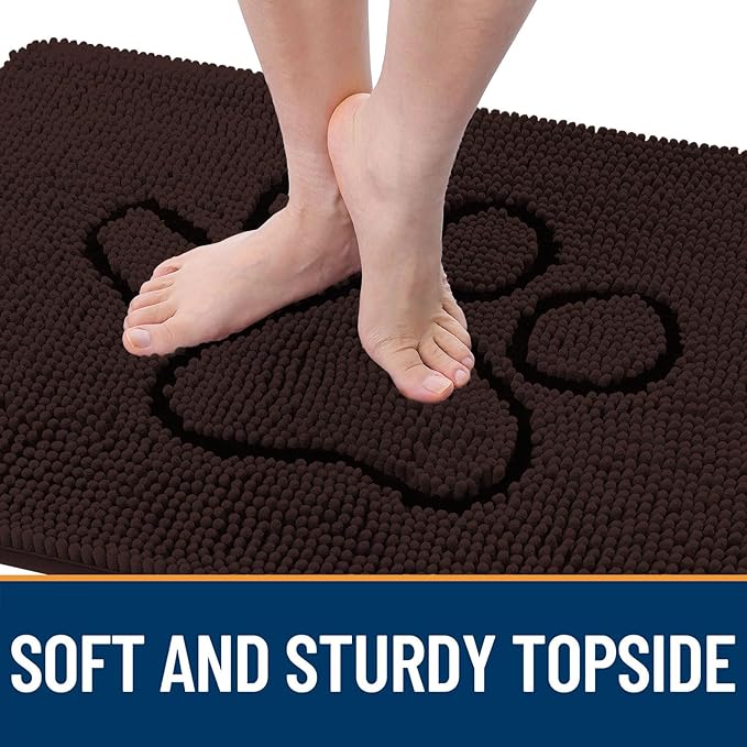 OLANLY Dog Door Mat for Muddy Paws 36x24, Paw Print Design, Absorbs Moisture and Dirt, Absorbent Non-Slip Washable Doormat, Quick Dry Chenille Mud Mat, Entry Indoor Entryway Carpet, Brown and Black