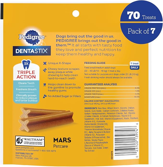 Pedigree DENTASTIX Small/Medium Dog Dental Treats Original Flavor Dental Bones, 5.57 oz. Pack, Pack of 7 (70 Total Treats)