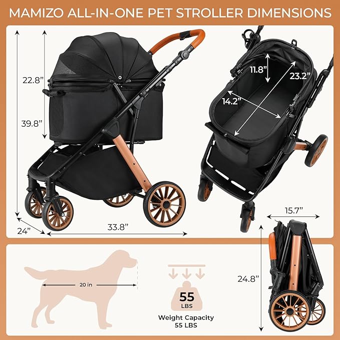 MAMIZO Foldable Dog Stroller for Medium Small Dogs Cats Up to 55 Lbs, Aluminum and Carbon Steel Frame Pet Stroller, Height-Adjustable Handle Puppy Strollers with Zipperless Design, Shock Absorbers