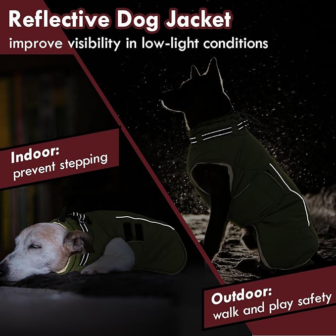 Large Dog Jacket, Waterproof Winter Coat with Harness Built in, Reflective Adjustable Hook&Loop Dog Snowsuit Cold Weather, Warm Snow Coat for Dogs French Bulldog, L Green