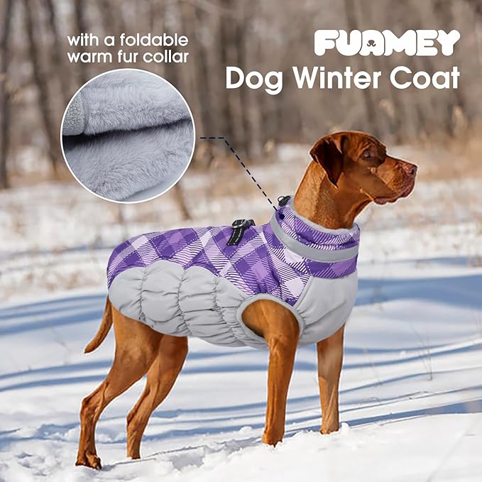 FUAMEY Dog Coat for Large Dogs,Waterproof Dog Winter Jacket with Harness Built in Puppy Cold Weather Coats Reflective Pet Vest with Zipper Warm Fleece Dogs Snowsuit Windproof Purple Plaid XL