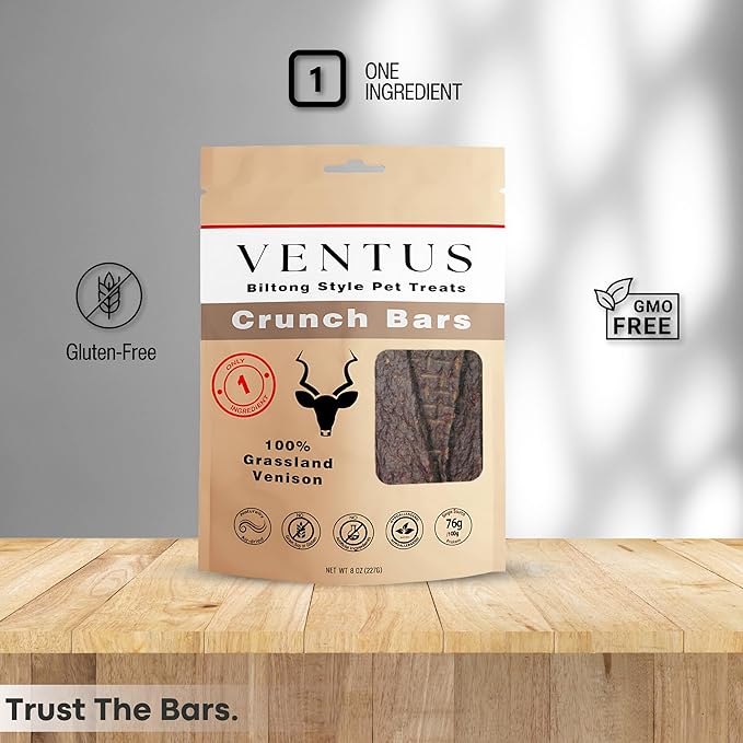 VENTUS Jerky Crunch Bars - Single Ingredient All Natural Venison Dog Training Treats, Healthy Air-Dried, High Protein No Additives, Grain Free, 8 oz