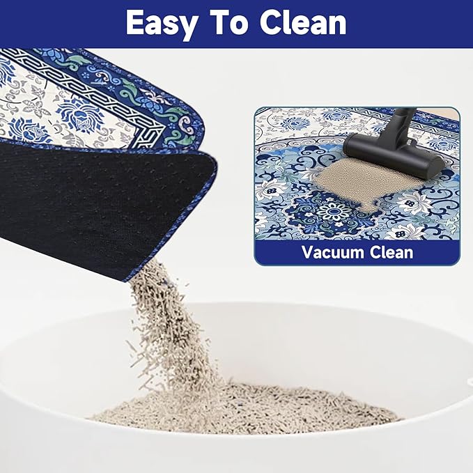 Cat Litter Mat, Reusable Kitty Litter Trapping Mat 2 PCs, 24"x18" Washable Litter Mats for Cats, Waterproof & Non-Slip Compatible with Cat Box (Indigo Blue Medallion, 24"x18"(2 PCS))
