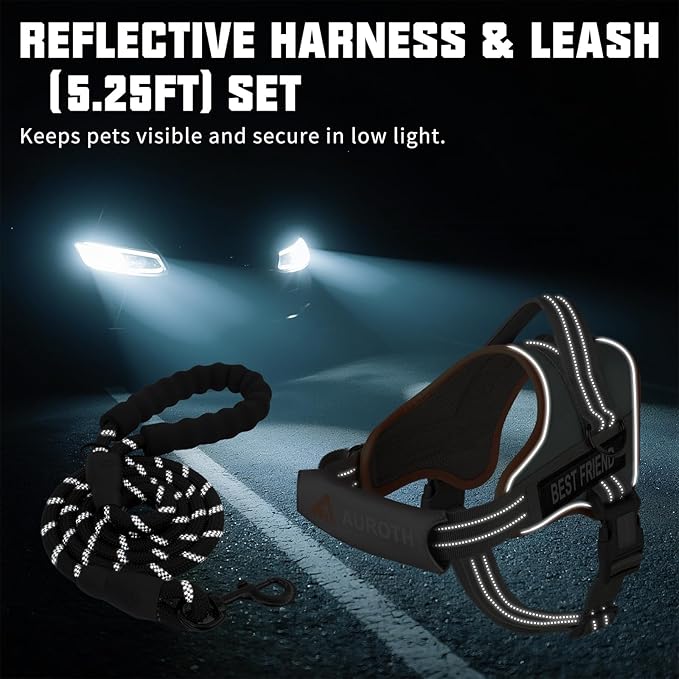 AUROTH Dog Harness and Leash Set, Soft Padded Service Dog Vest with 5.25FT Dog Leash, No Choke, Easy On Pet Vest, Adjustable Reflective No Pull Dog Harness for Large Dogs, Easy Walking and Training