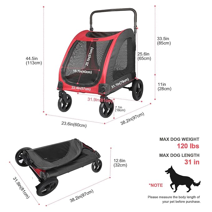 Dog Stroller with 4 Wheels, Folding Cat Strolling for Small/Medium/Large Dogs & Cats to 120 lbs, pet Stroller with Removable Carrier, Storage Basket,Cup Holder (Black Red)