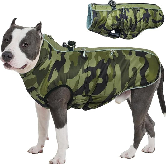 Dog Winter Jacket - XX Large, Warm Zip Up Snowsuit Dog Harness Vest, Reflective, Water-Resistant, Camouflage
