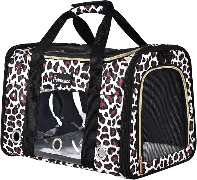 Petmolico Cat Carrier Soft-Sided Pet Bag for Small Medium Cats Puppies 16LBs - Airline Approved Pet Travel Carrier 3 Open Doors (Medium,Leopard)