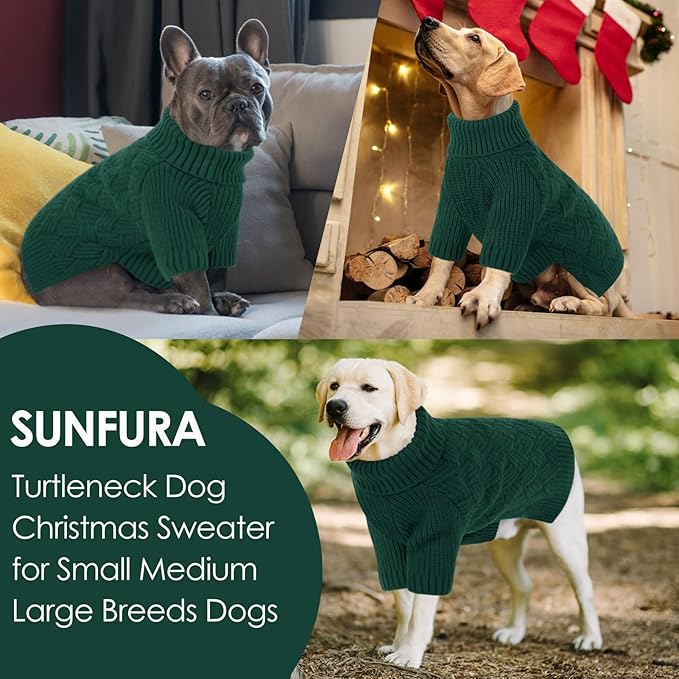 SUNFURA XS Dog Sweater, Small Dog Sweater Doggie Knitted Knitwear for Winter, Cat Pullover Christmas Sweatshirt for Yorkie Chihuahua, Warm Thick Turtleneck Clothes for Puppy, Green X-Small