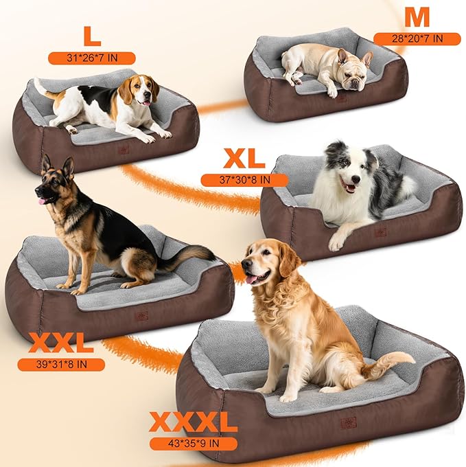 Extra Large Dog Bed, Washable Dogs Beds for Extra Large Dogs, Rectangle Pet Couch Sofa Soft Calming Dog Beds with Non-Slip Bottom, 43”x35”x9”, Brown