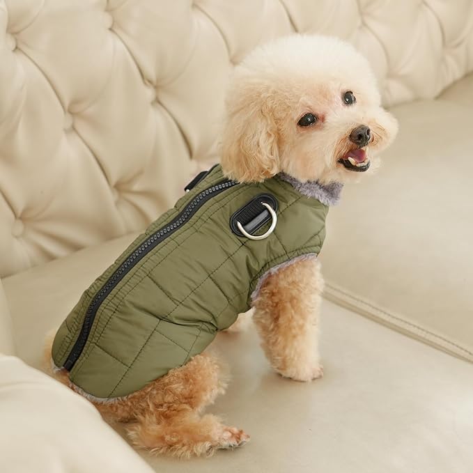Warm Fleece Dog Coats with Durable Harness Buitl in D-Ring,Waterproof Puppy Jacket for Small Dogs,Dog Vest for Cold Winter,Green S