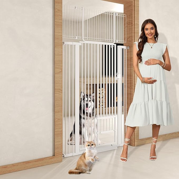 71" Extra Tall Cat Gate 29.5-40.6 Wide Pet gate for Doorway Pet Gate with Cat Doors NO Drilling Pressure Mount Kit for Cats and Dogs Indoor Doorways liveing Room Bedroom-White