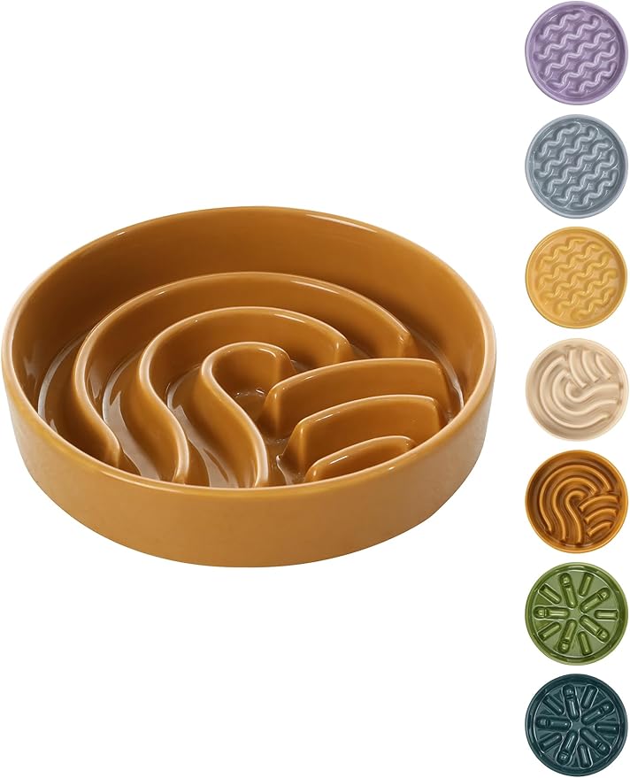 Ceramic Maze Dog Slow Feeder with Non-Slip Silicone Rim – Heavy-Duty Stoneware Bowl with Puzzle Pattern for Bloating & Obesity Prevention (Orange-M)