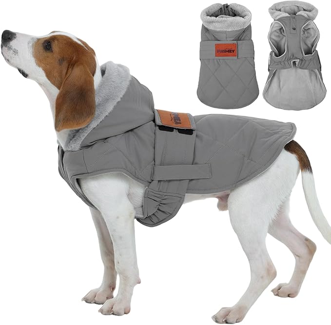 FUAMEY Thermal Dog Coat Medium, Warm Hooded Dogs Jacket Misty Walks, Waterproof Sleeveless Puppy Vest Snow Suit with Harness Hole, Adjustable Cold Weather Pup Outfits (Gray, M)