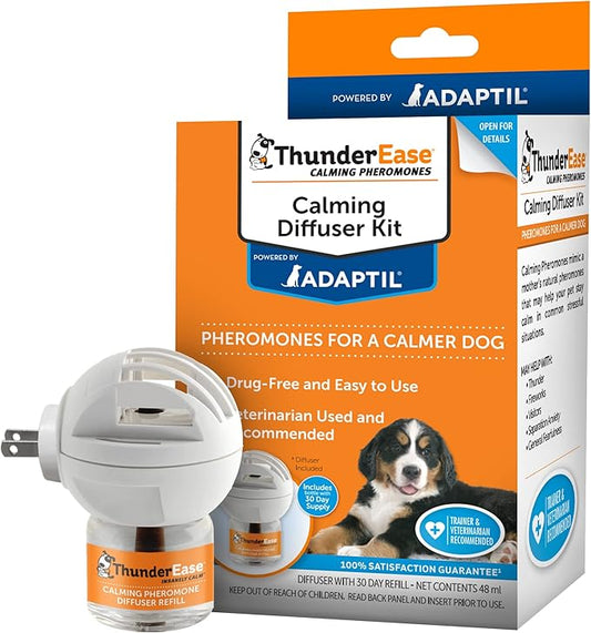 ThunderEase Dog Calming Pheromone Diffuser Kit | Powered by ADAPTIL | Vet Recommended to Relieve Separation Anxiety, Stress Barking and Chewing, and the Fear of Fireworks and Thunderstorms (60 Day Sup