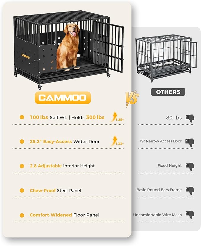 48'' Heavy Duty Dog Crate for Large Dogs, – Upgraded Chew-Proof Panels, Comfort-Widened Floor Panel, Dog Kennel Indoor, Adjustable Internal Height, Easy-Access Wide Door, 4 Lockable Wheels