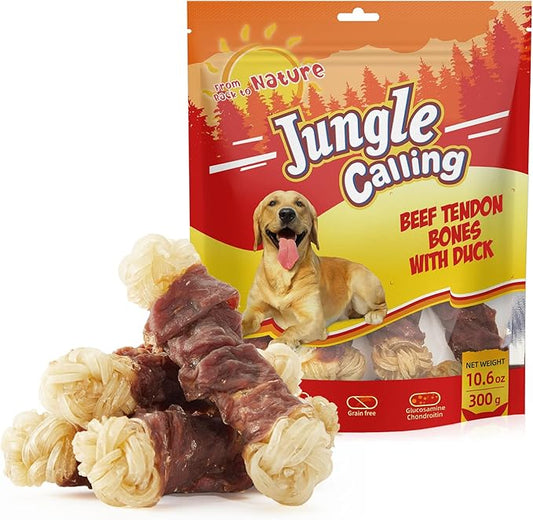 Jungle Calling Beef Tendons for Dogs, Duck Wrapped Tendons Dog Chews Long Lasting Hip and Joint Supplement for Dogs with Glucosamine (Knotted Bone)