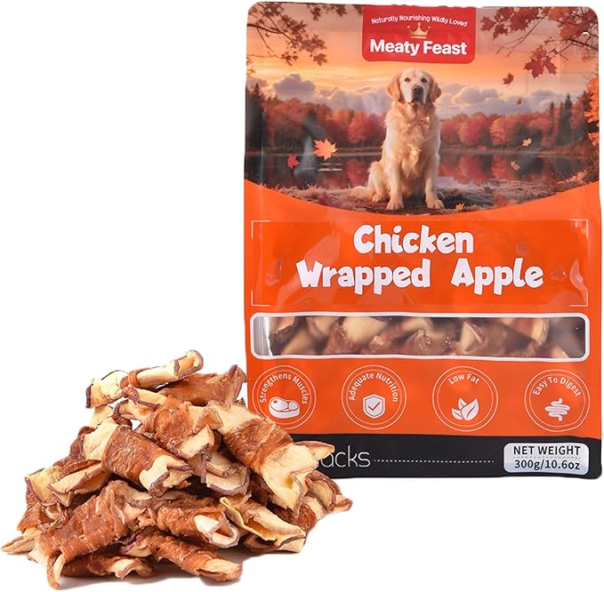 Chicken & Apple Wrapped Dog Treats, Healthy Natural Apple & Chicken Jerky Wraps, Grain & Gluten Free Chewy Dog Training Treats for Small Medium Large Dogs, 10.58oz