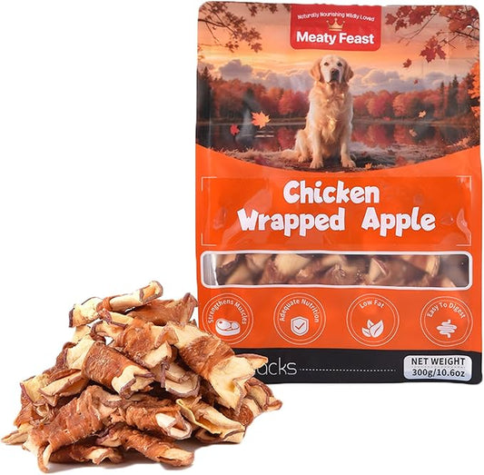 Chicken & Apple Wrapped Dog Treats, Healthy Natural Apple & Chicken Jerky Wraps, Grain & Gluten Free Chewy Dog Training Treats for Small Medium Large Dogs, 10.58oz