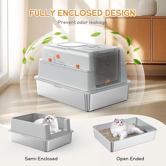 Soulbond XXXL Stainless Steel Litter Box with Lid, Large Covered Metal Cat Litter Box Enclosed for Large and Multi-Cat Families, Easy to Clean