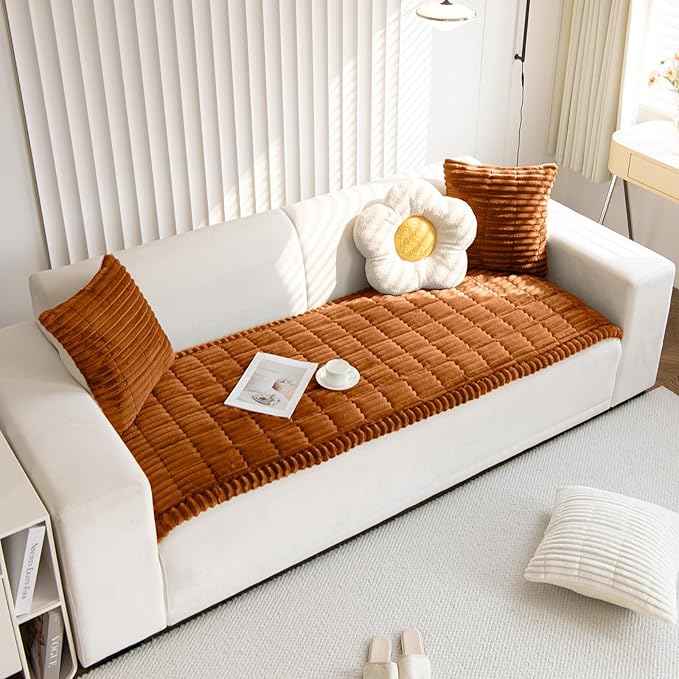 Faux Fur Plush Dog Couch Cover 3D Stripe Fuzzy Sofa Cover Non-Slip Fluffy Dog Bed Cover Pet Blanket Sofa Couch Furniture Protector for Puppy Large Dog Cat (Brown,28"x70")