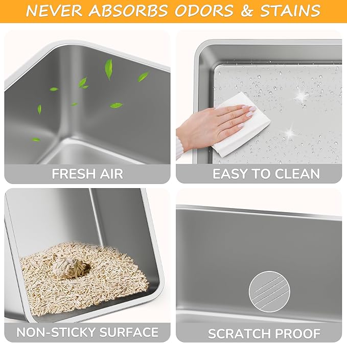 Stainless Steel Cat Litter Box, Covered Metal Litter Tray, Cat Litter Pans with High Sides, Kitty Litter Box for Small and Medium Cats (Non Sticky, Anti-Urine Leakage) 17.5" L x 13.5" W x 6" H