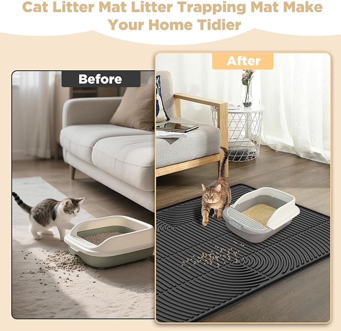 AMOK Cat Litter Mat, Extra Large Silicone Litter Box Mat 40" x 28", Waterproof Litter Trapping Mat for Cats, Durable and Easy to Clean, Black