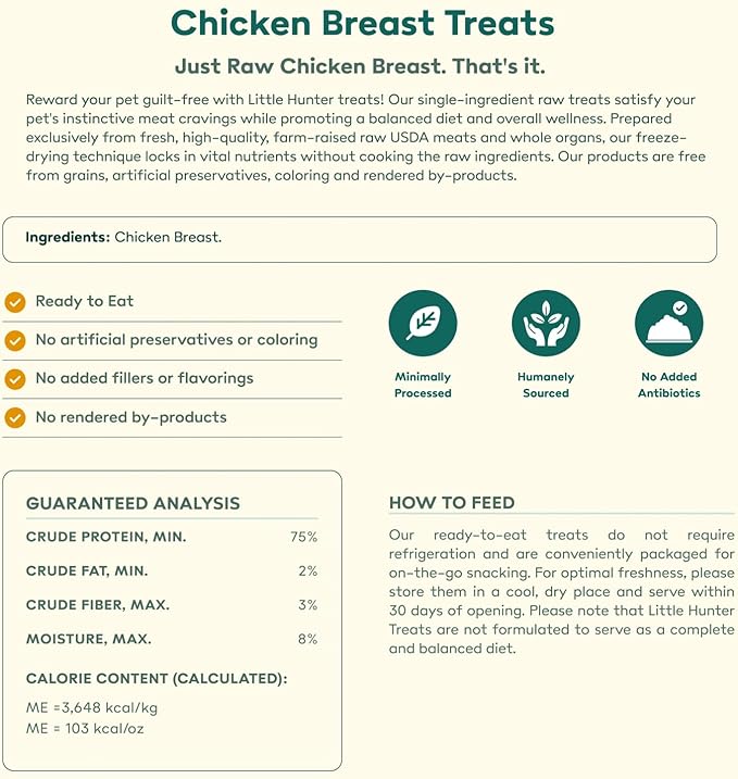 Little Hunter Freeze Dried Dog Treats - Chicken Breast - Raw Single Ingredient Chicken Breast Dog Treats for Snacks, Training, Dog Food Toppers - All Natural, Healthy Dog & Puppy Treats, 2 oz